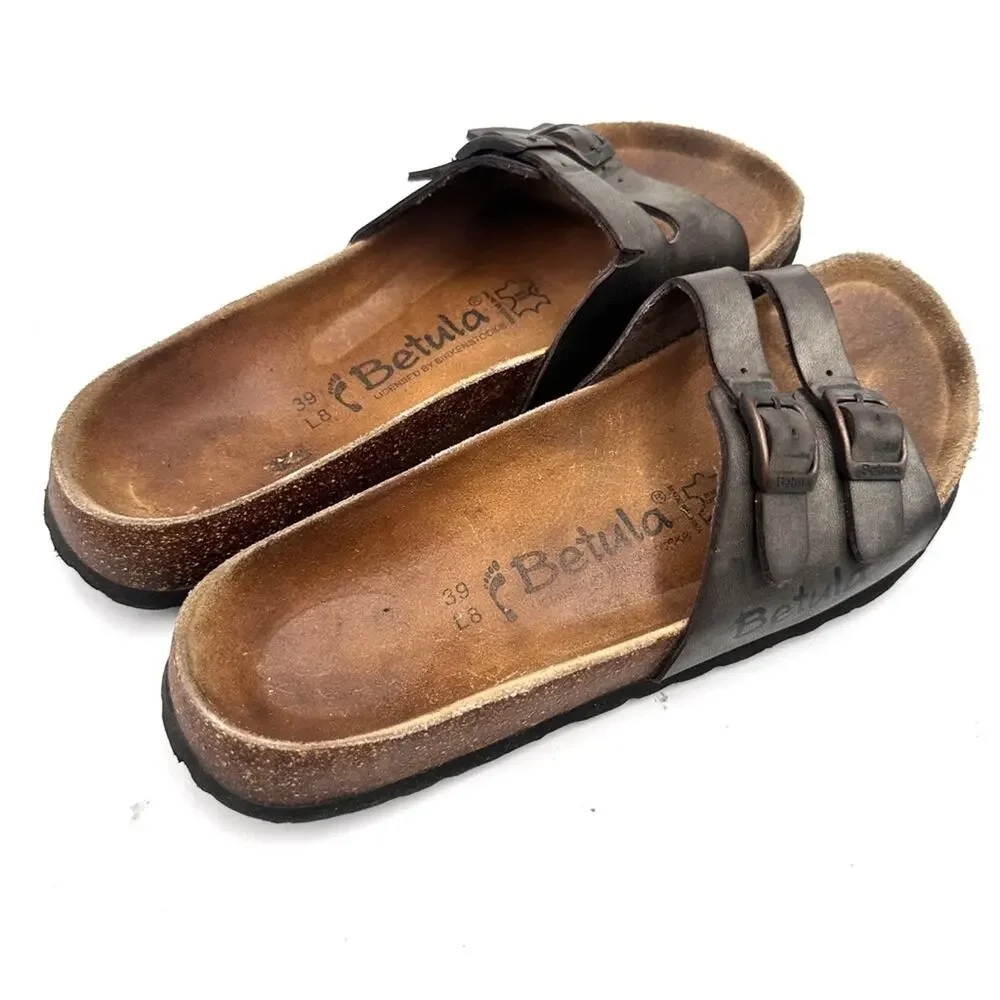 Birkenstocks Betula Birks Two Toe Strap Cork Leather Buckle Narrow 39 size 8